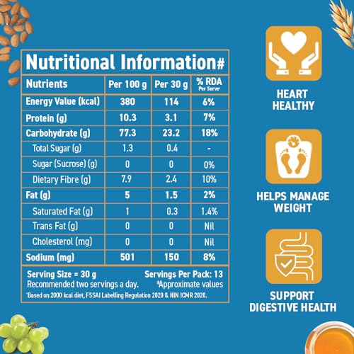 Bagrry's Crunchy Muesli No Added Sugar 0% 500g Box|90% Multi Grains|60% Fibre Rich Oats with Bran|Whole Grain Breakfast Cereal|Helps Manage Weight|0% Added Sugar|Vegan and Plant Based Muesli - View 3 of 5