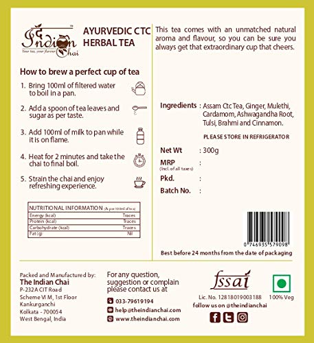 The Indian Chai - Ayurvedic CTC Herbal Tea 300g Blended with Sonth, Mulethi, Elaichi, Indian Ginseng, Tulsi, Brahmi and Dalchini for Immunity (FROM INDIA) SAB - View 3 of 6