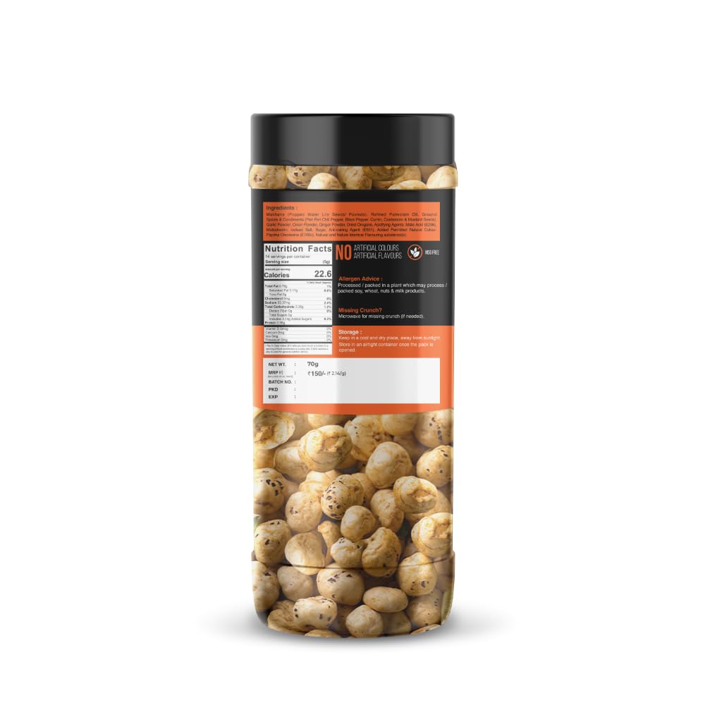 Chaskaah Peri Peri Makhana, 70g by JK (Foxnuts, Phool Makhana) | Dry Roasted| Vegan | Gluten Free| Dry Roasted|MSG Free| Low Cholestrol| Rich in Calcium|Gourmet| Puffed Snacks| Spicy FROM INDIA (SAM) - View 3 of 4