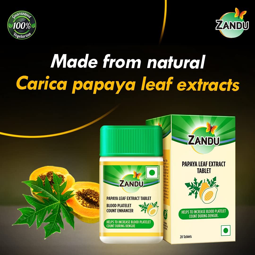 Zandu Papaya Leaf Extract Tablets - Helpful for Blood Platelets Count, With Goodness of Vitamin C, Anti-inflammatory &amp; Antioxidant Properties (Pack of 20 tablets x 2) (FROM INDIA) SAB - View 4 of 5