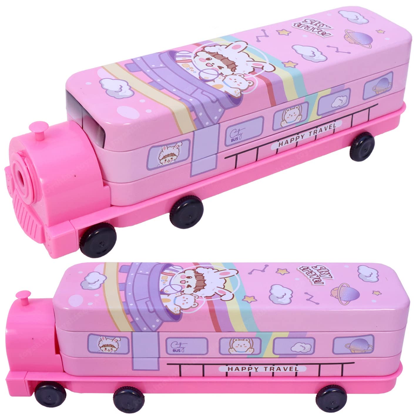 Toyshine Cartoon Printed Train Metal Pencil Box with Moving Tyres and Sharpner for Kids - Pink - Shop at Colombo Mall