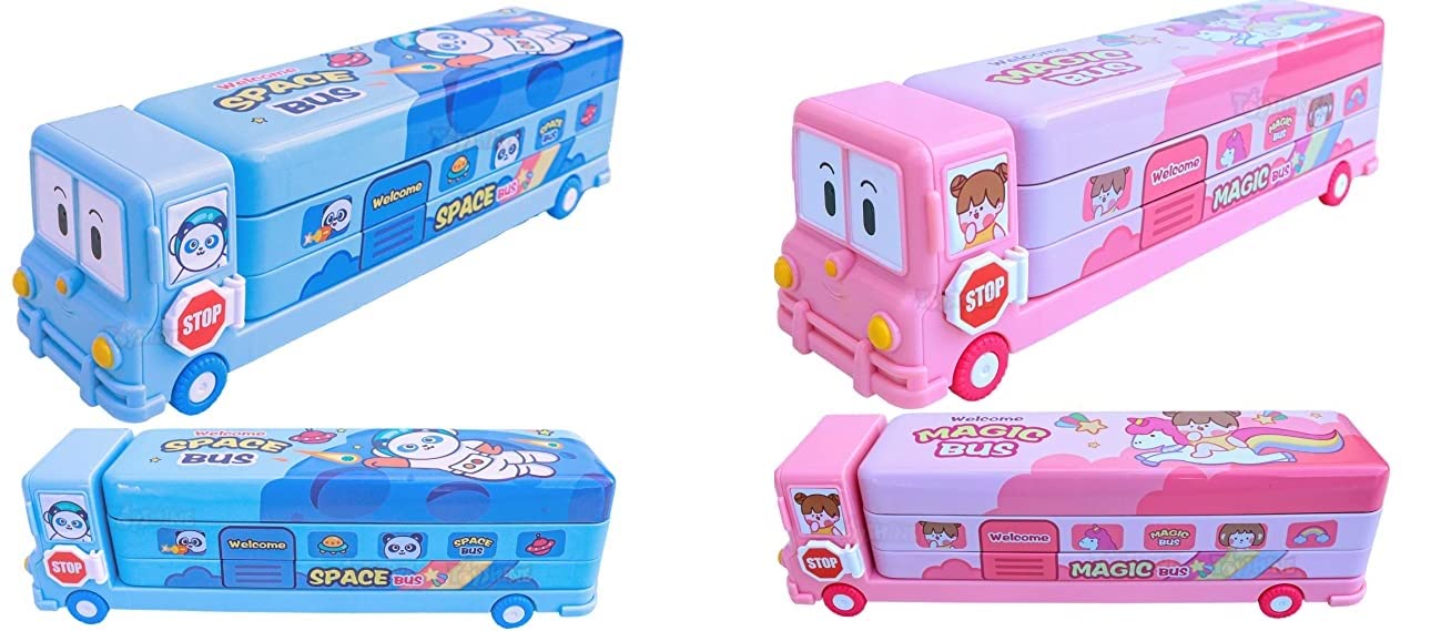 Toyshine Set of 2 Cartoon Printed School Bus Matal Pencil Box with Moving Tyres and Sharpner for Kids - Blue and Pink - View 7 of 7