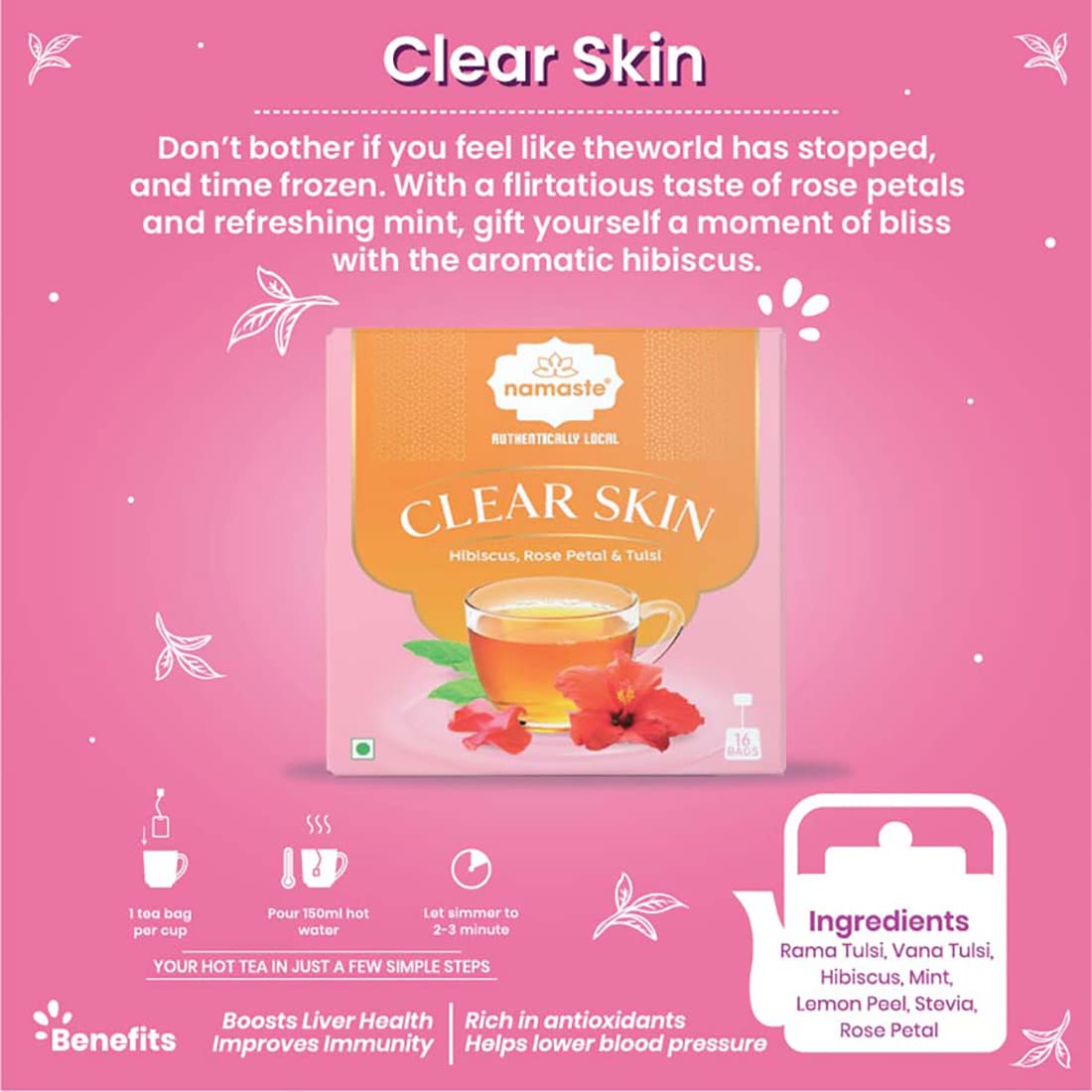 Namaste Chai Clear Skin Herbal Tea | Caffeine Free with Natural Herbs | 16 Sachets Dip Bag  FROM INDIA (SAM) - View 2 of 4