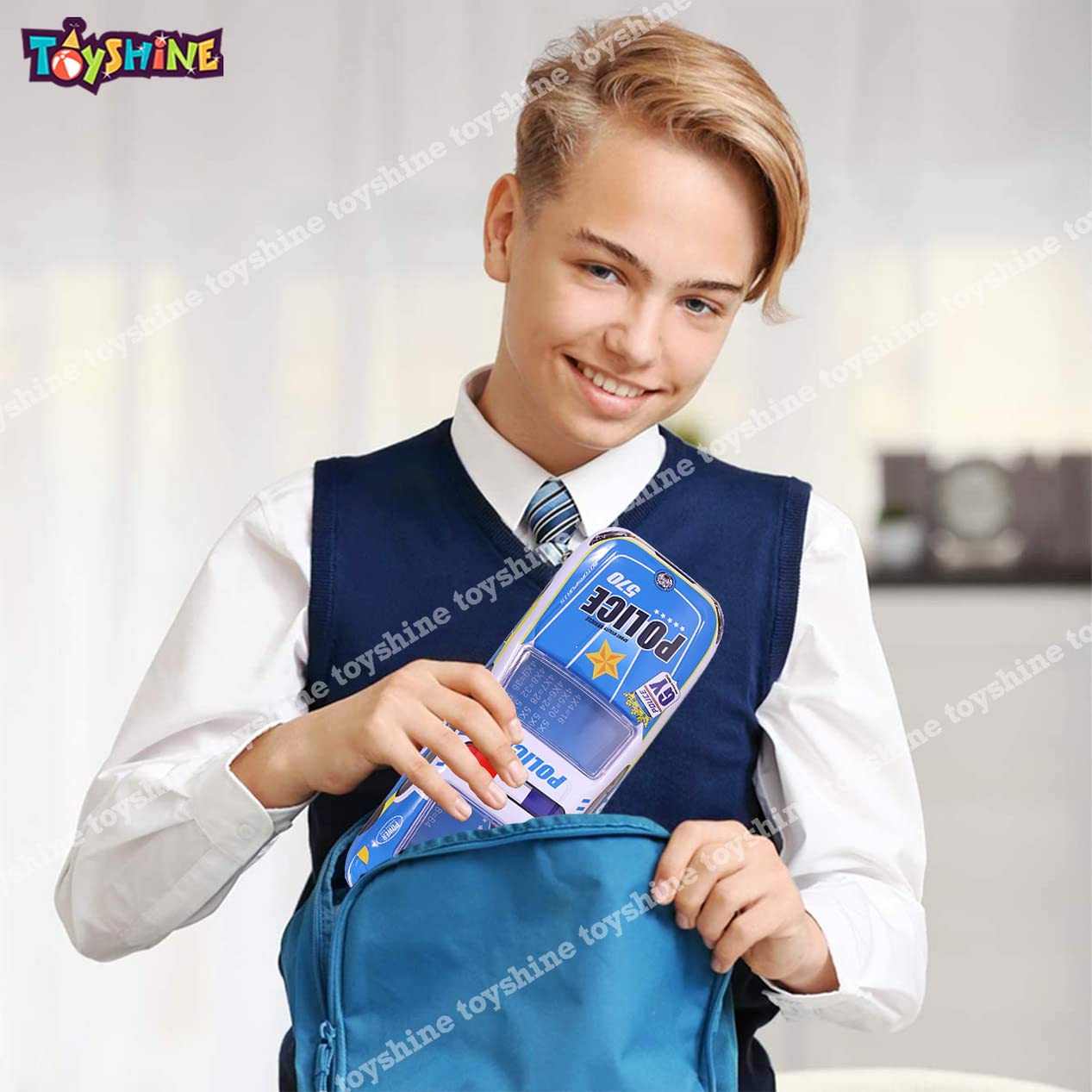 Toyshine Police Metal Pencil Box, Detailed Exterior, Double Comparment for Kids - Blue - View 4 of 6