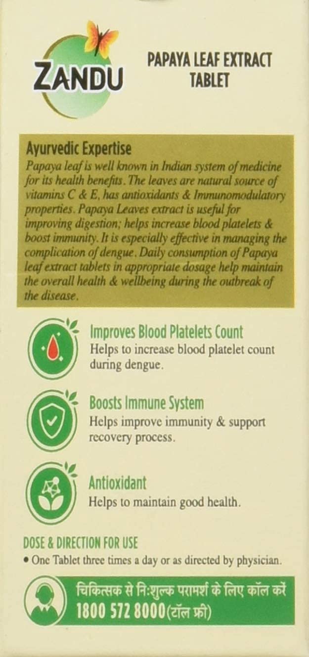 Zandu Papaya Leaf Extract Tablets - Helpful for Blood Platelets Count, With Goodness of Vitamin C, Anti-inflammatory &amp; Antioxidant Properties (Pack of 20 tablets x 2) (FROM INDIA) SAB - View 2 of 5