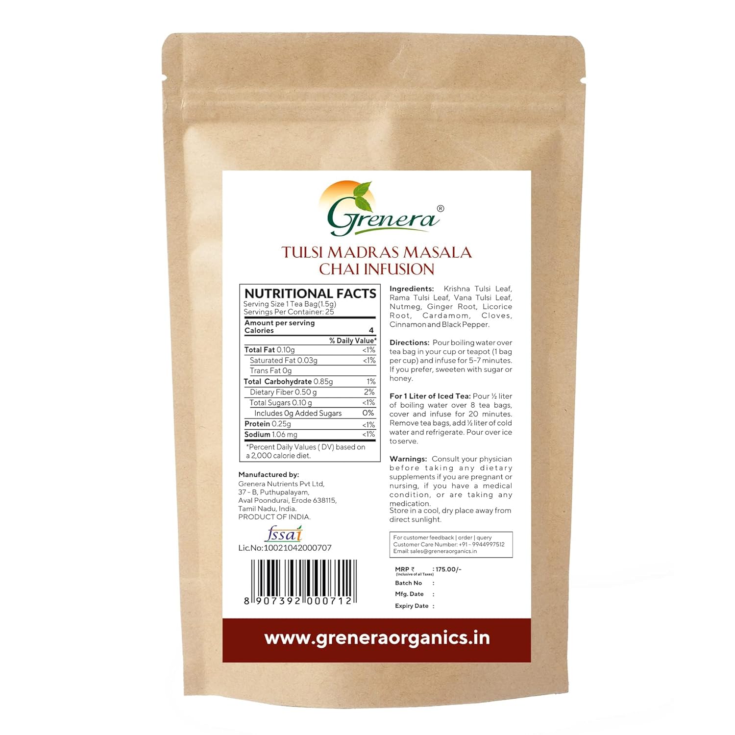 Grenera Tulsi Madras Masala Infusion 25 Tea Bags | Caffeine Free, Staple Free, Made with Organically Grown Holy Basil Leaves (FROM INDIA) SAB - View 4 of 4