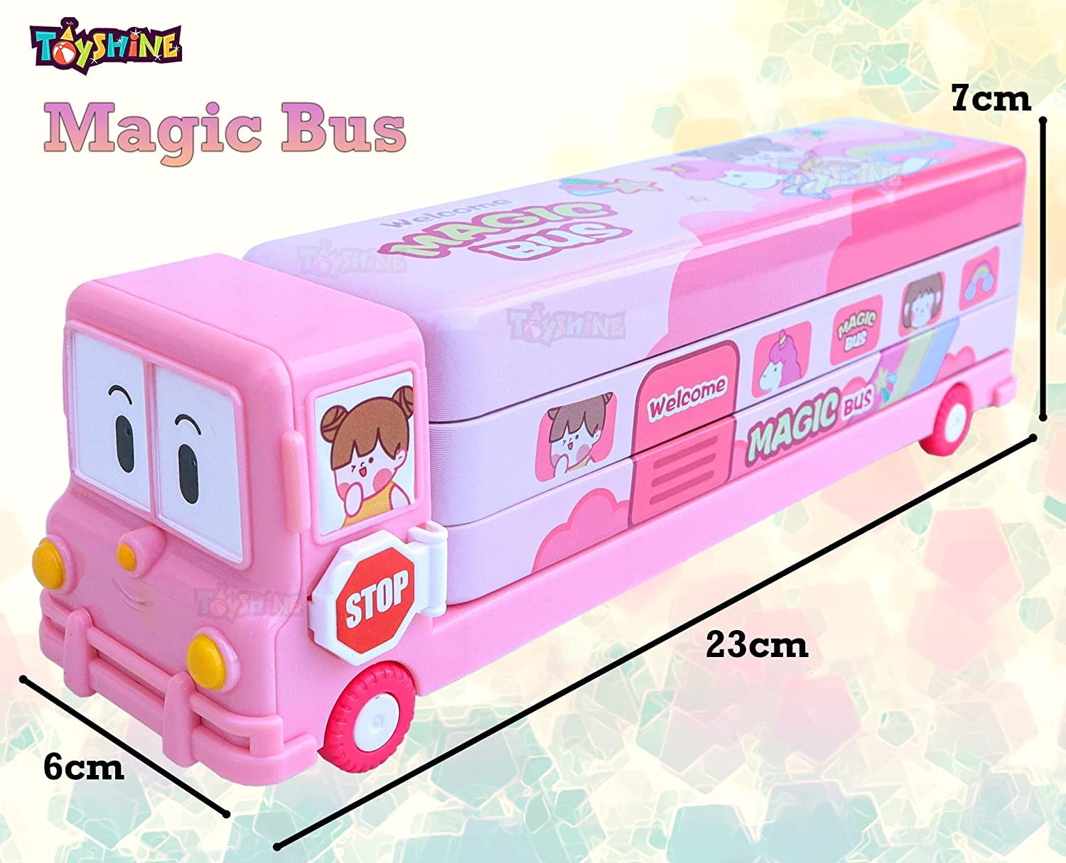 Toyshine Set of 2 Cartoon Printed School Bus Matal Pencil Box with Moving Tyres and Sharpner for Kids - Blue and Pink - View 6 of 7