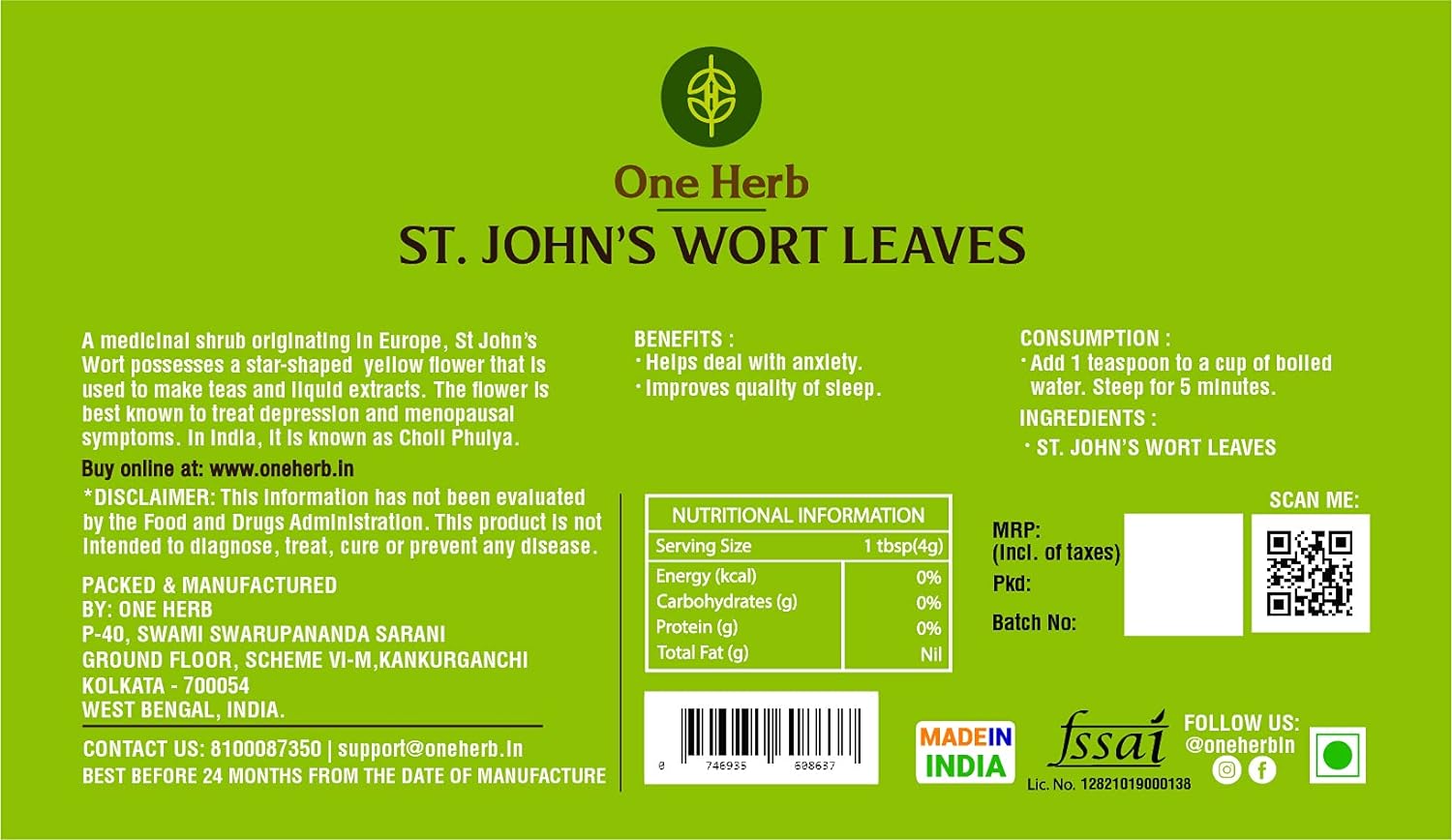 One Herb - St John's Wort Tea 100g | Superherb for Depression &amp; Anxiety, Improves Quality of Sleep, Calms Nerve (FROM INDIA) SAB - View 4 of 5