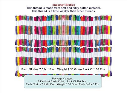 Cotton Embroidery Skeins Floss for Long Stitch, Cross Stitch Thread Friendship Bracelets Art and Crafts Etc.Each Skeins 7.5 Mtr 6 Ply.160 Color 200 Pcs Combo Pack (25 Basic Color Each 8 Pcs) - View 2 of 2