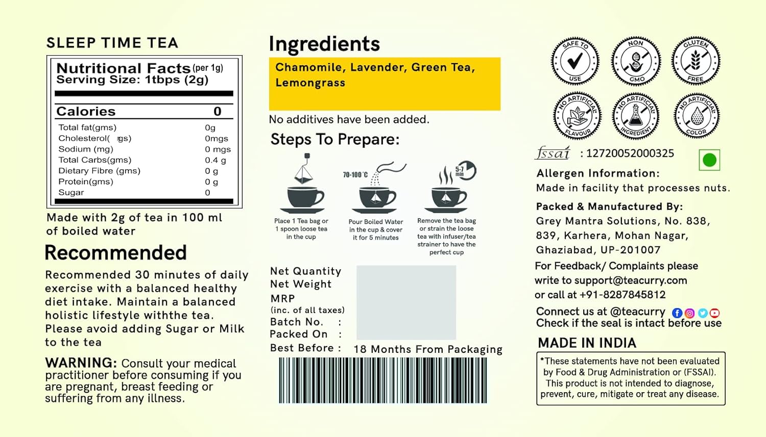 TEACURRY Natural Sleeptime Tea - 50 Grams | 100% Green Tea Lemongrass, Chamomile, Lavender | Helps Relax Sleep, Calms Nerves, Beats Insomnia | Relax Tea (FROM INDIA) SAB - View 3 of 6