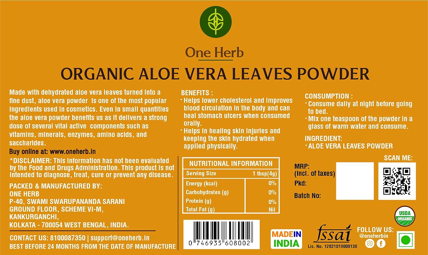 One Herb – Organic Aloe Vera Leaves Powder 250g for Skin Care, Lowers Cholesterol and Relieves Arthiritis (FROM INDIA) SAB - View 4 of 5