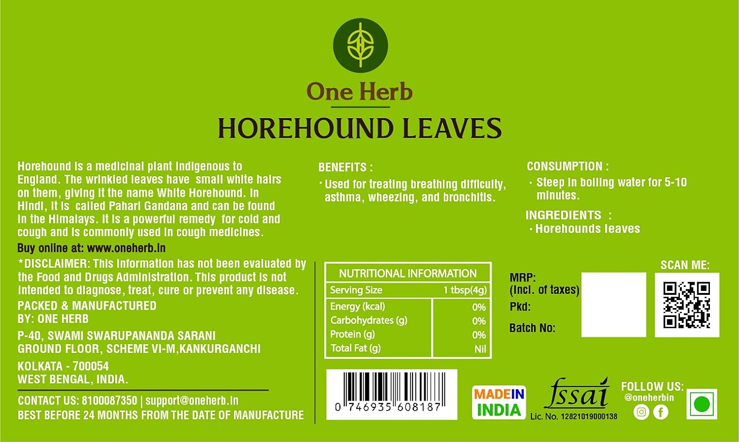 One Herb - Horehound Leaves Tea 100g for Cold and Cough, Relieves Against Gas &amp; Bloating. (FROM INDIA) SAB - View 4 of 4
