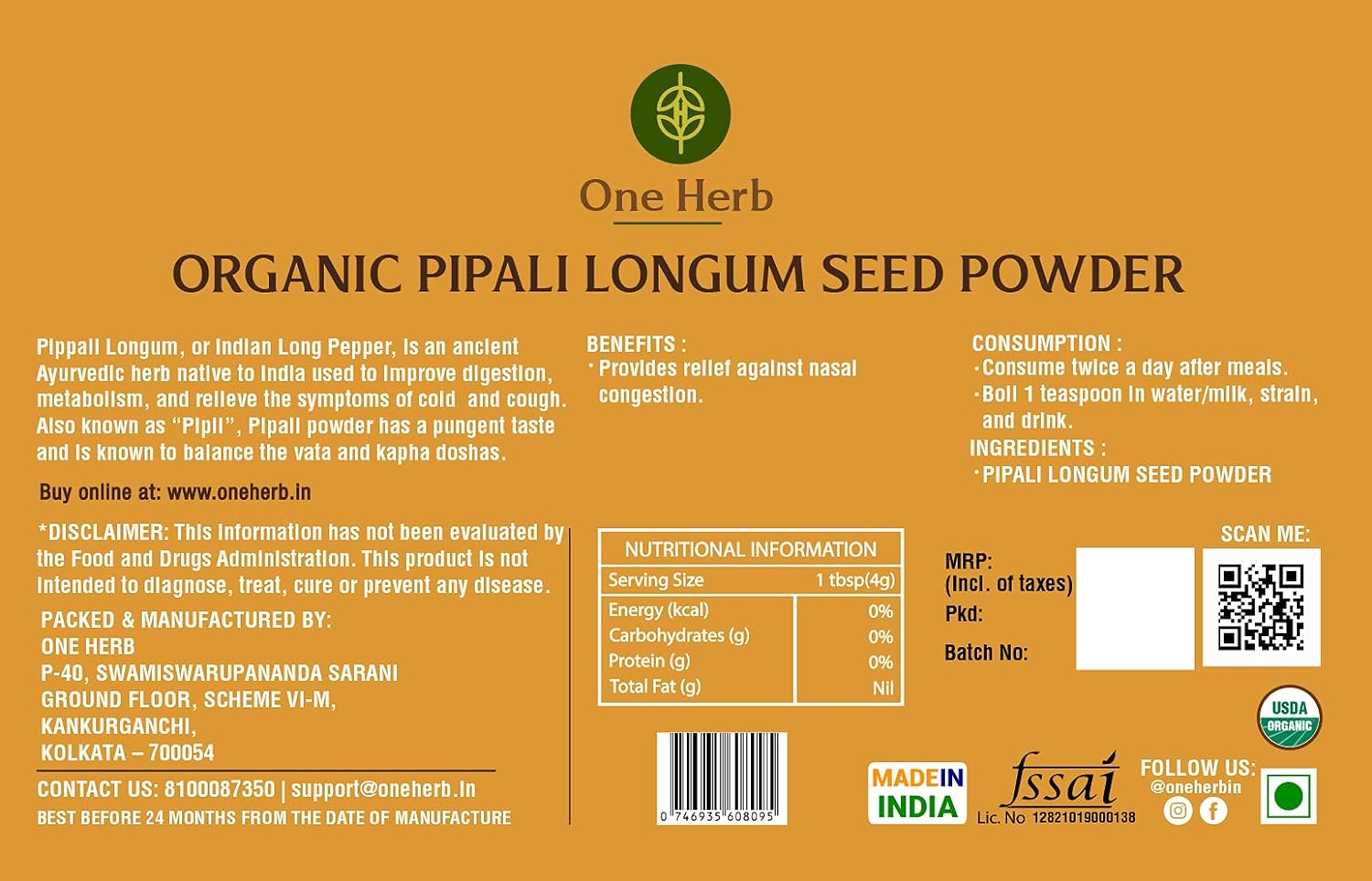 One Herb - Organic Pipalli Longum Powder 100g (Indian Long Pepper) for Digestion, Relieves Nasal Congestion, Alleviates PMS Cramps (FROM INDIA) SAB - View 4 of 5
