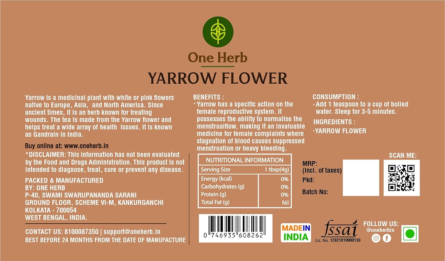 One Herb - Yarrow Flower Tea 50g for Anxiety, Digestive Distress, Cold &amp; Fever and Skin. (FROM INDIA) SAB - View 3 of 5
