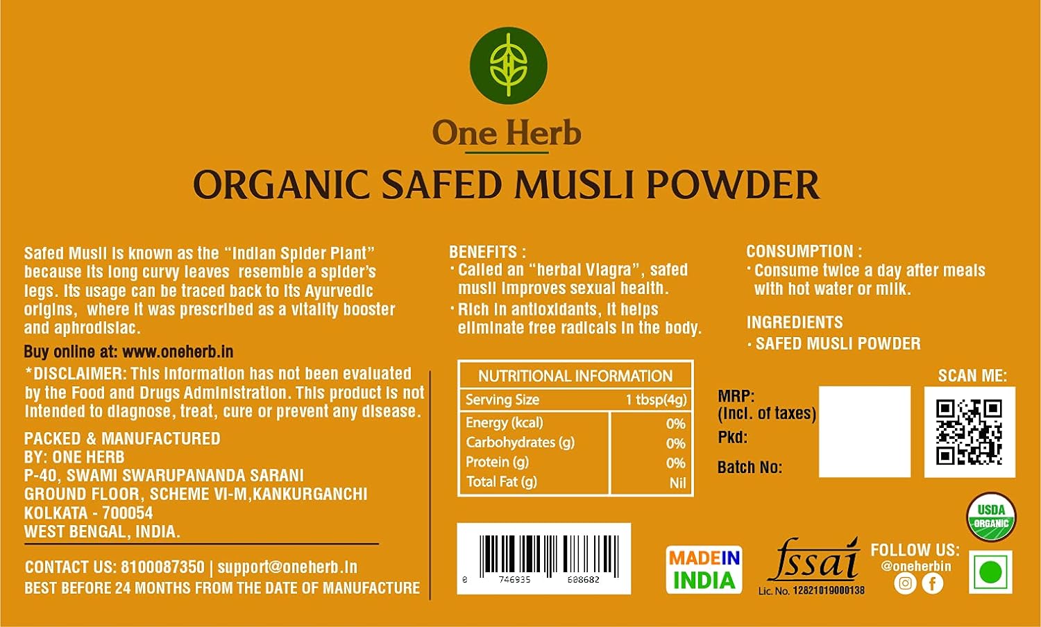 One Herb - Organic Safed Musli Powder 50g (FROM INDIA) SAB - View 4 of 5