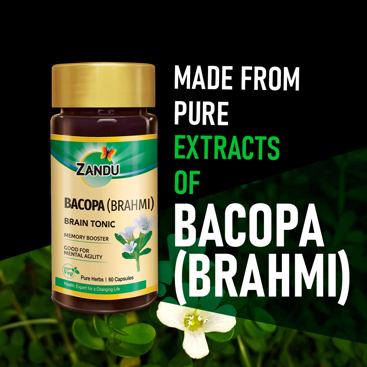Zandu Bacopa (Brahmi) Capsules: An Age Old Ayurvedic Remedy Made Using Natural Extracts of Brahmi| Helps Improve Focus &amp; Learning- 60 Veg capsules (Pack of 2) (FROM INDIA) SAB - View 2 of 6