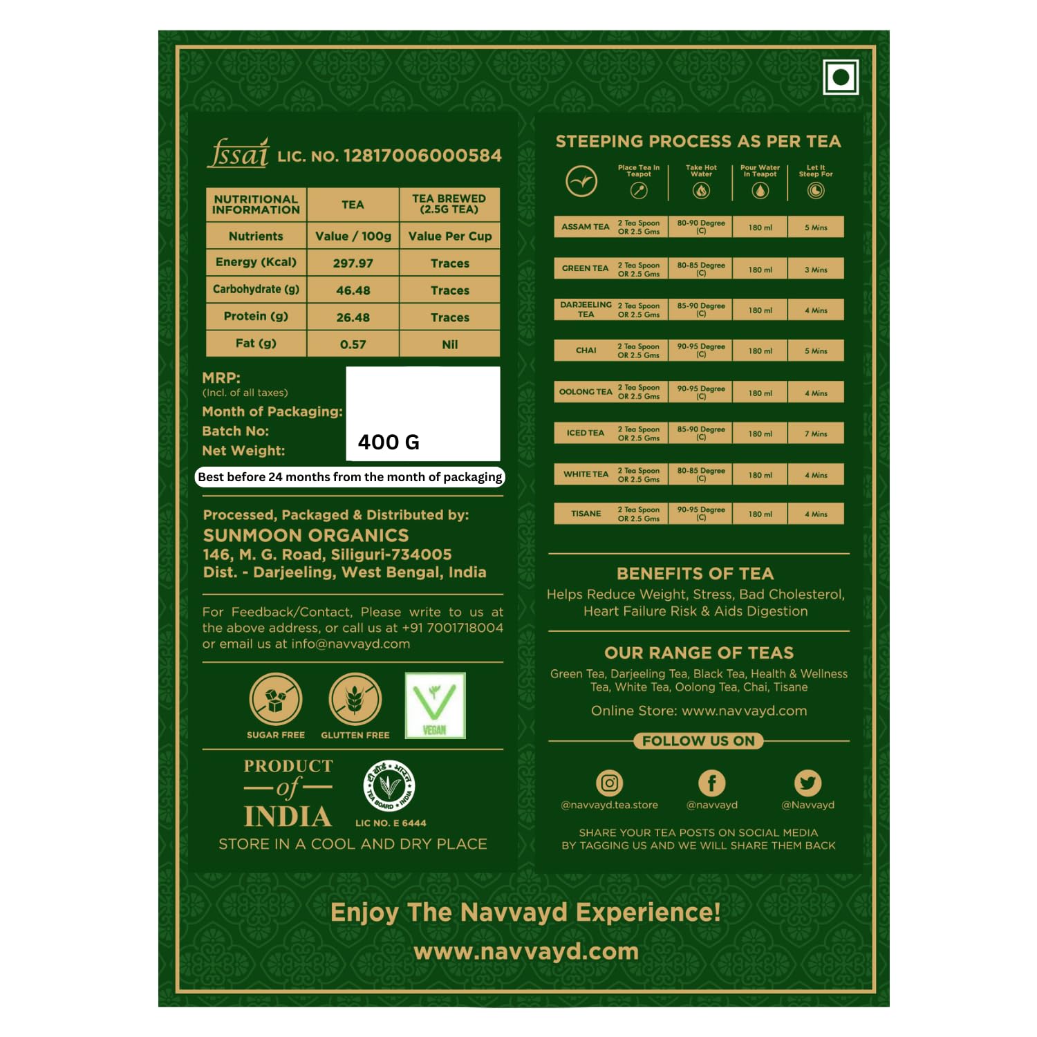 Navvayd Desi Masala Chai, With Cardamom, Cinnamon, Black Pepper, Clove, Fennel Seeds &amp; Ginger, Premium Blend, (400 Gm, 200 Cups)(FROM INDIA) SAB - View 2 of 4