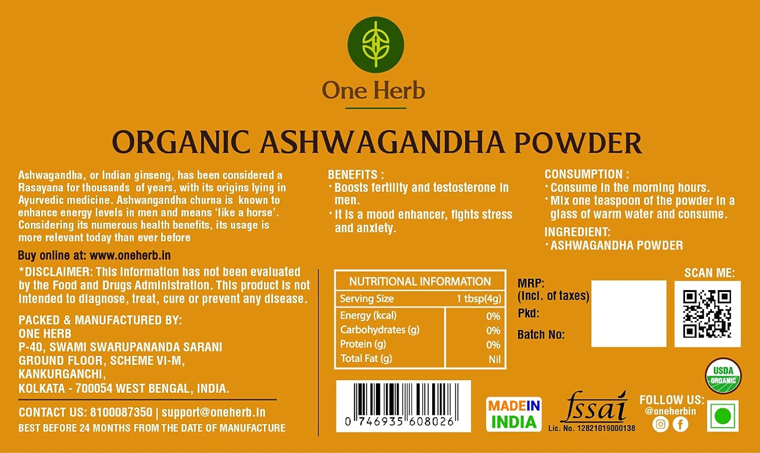 One Herb - Organic Ashwagandha Powder 100g, Indian Ginseng for Vitality, Natural Adaptogen, Increases Muscle Mass &amp; Strength (FROM INDIA) SAB - View 3 of 4