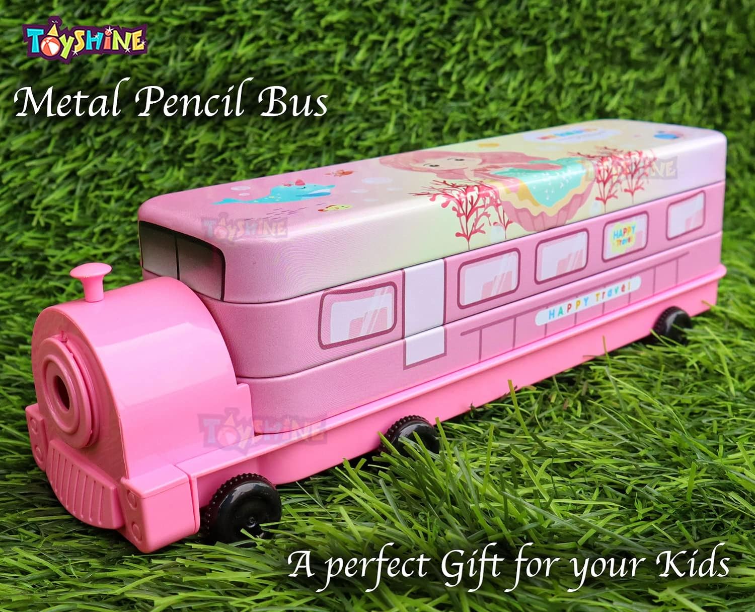Toyshine Cartoon Printed Train Metal Pencil Box with Moving Tyres and Sharpner for Kids - Pink - View 7 of 8