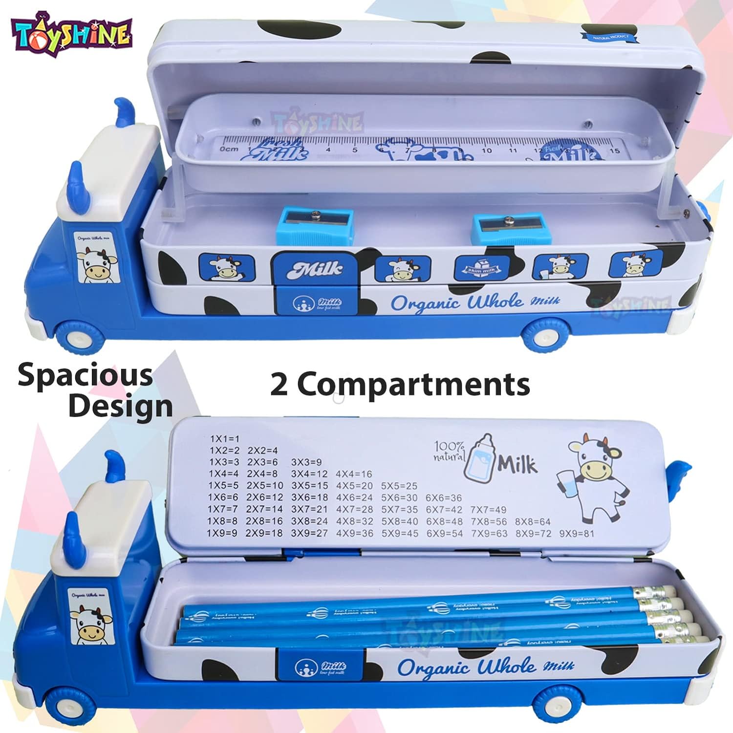 Toyshine Milk Truck Metal Pencil Box With Moving Tyres, Sharpners and Pencils Included For Kids - Blue - View 4 of 6