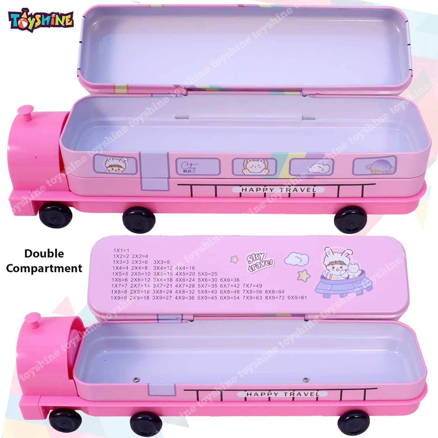 Toyshine Cartoon Printed Train Metal Pencil Box with Moving Tyres and Sharpner for Kids - Pink - View 2 of 8