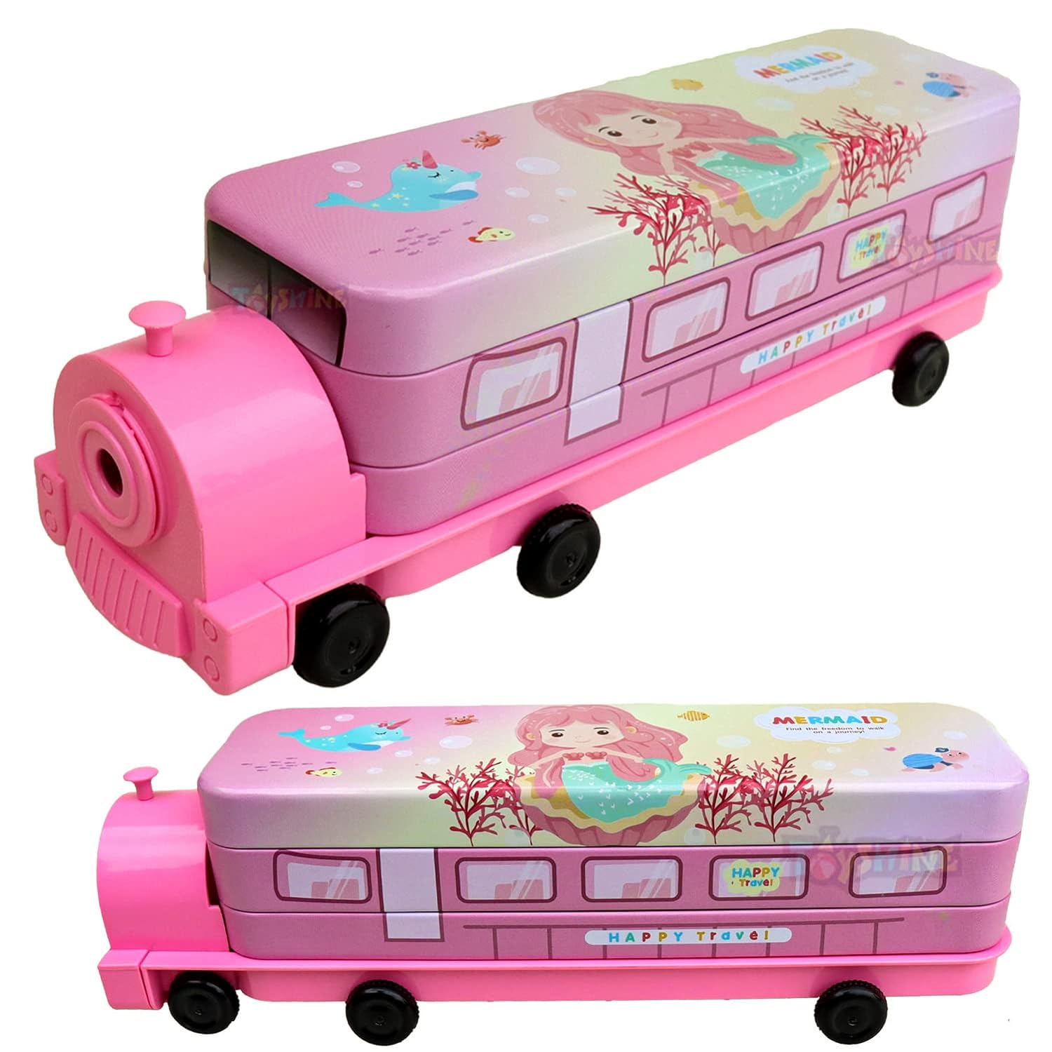 Toyshine Cartoon Printed Train Metal Pencil Box with Moving Tyres and Sharpner for Kids - Pink - View 6 of 8