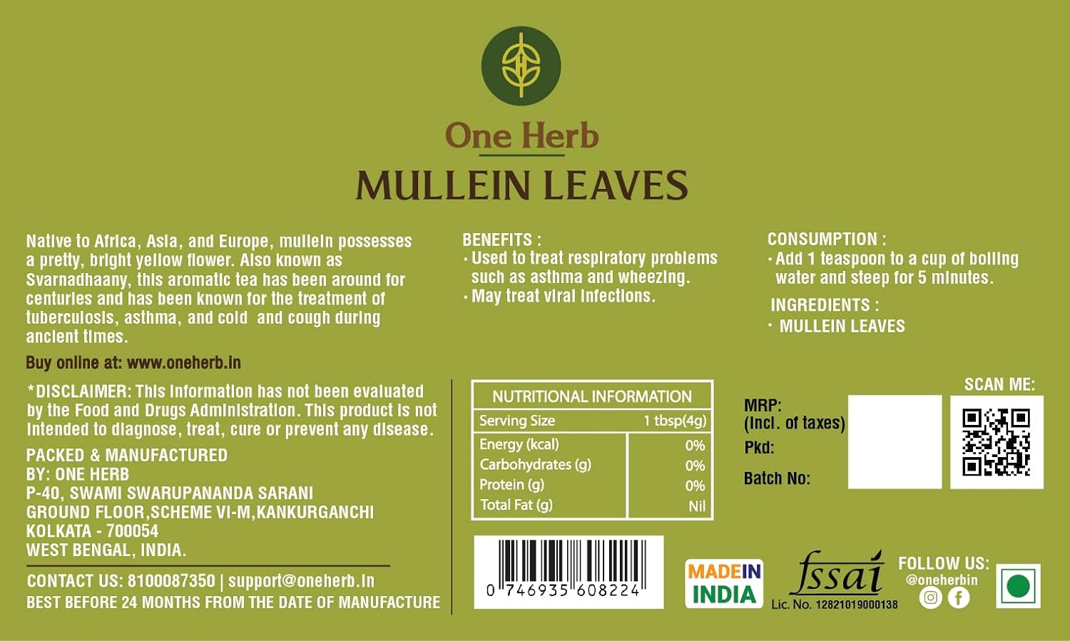 The Indian Chai One Herb - Mullein Tea 80g, Herbal Support for Healthy Respiratory, Bronchial &amp; Immune Function and Easy Sleep. (FROM INDIA) SAB - View 4 of 5