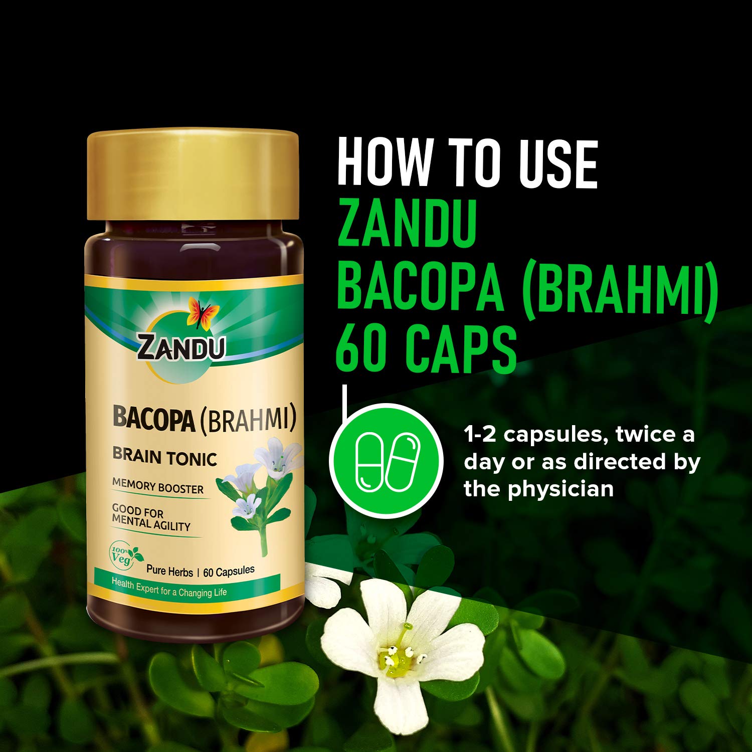 Zandu Bacopa (Brahmi) Capsules: An Age Old Ayurvedic Remedy Made Using Natural Extracts of Brahmi| Helps Improve Focus &amp; Learning- 60 Veg capsules (Pack of 2) (FROM INDIA) SAB - View 6 of 6
