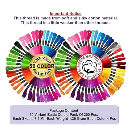 Cotton Embroidery Skeins Floss for Long Stitch, Cross Stitch Thread Friendship Bracelets Art and Crafts Etc.Each Skeins 7.5 Mtr 6 Ply.160 Color 200 Pcs Combo Pack (Basic Color 200 Pcs) - View 2 of 3