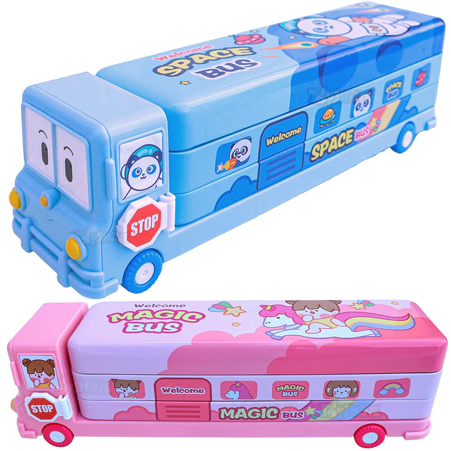 Toyshine Set of 2 Cartoon Printed School Bus Matal Pencil Box with Moving Tyres and Sharpner for Kids - Blue and Pink - Shop at Colombo Mall