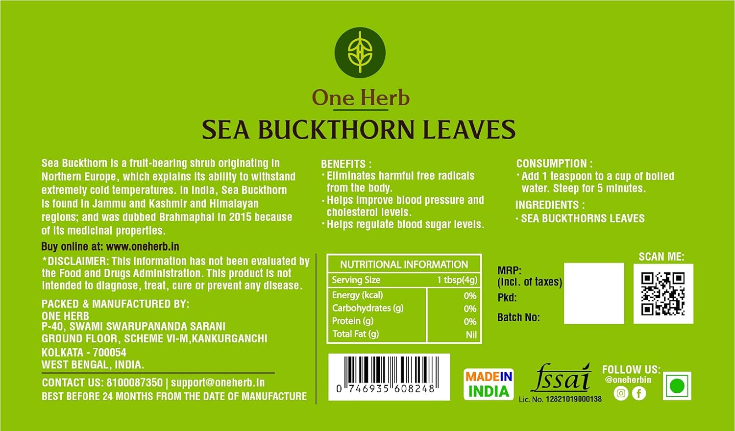 One Herb - Sea Buckthorn Tea 100g, Superherb for Cholesterol, Blood Pressure and Supports Weight Loss. (FROM INDIA) SAB - View 2 of 5