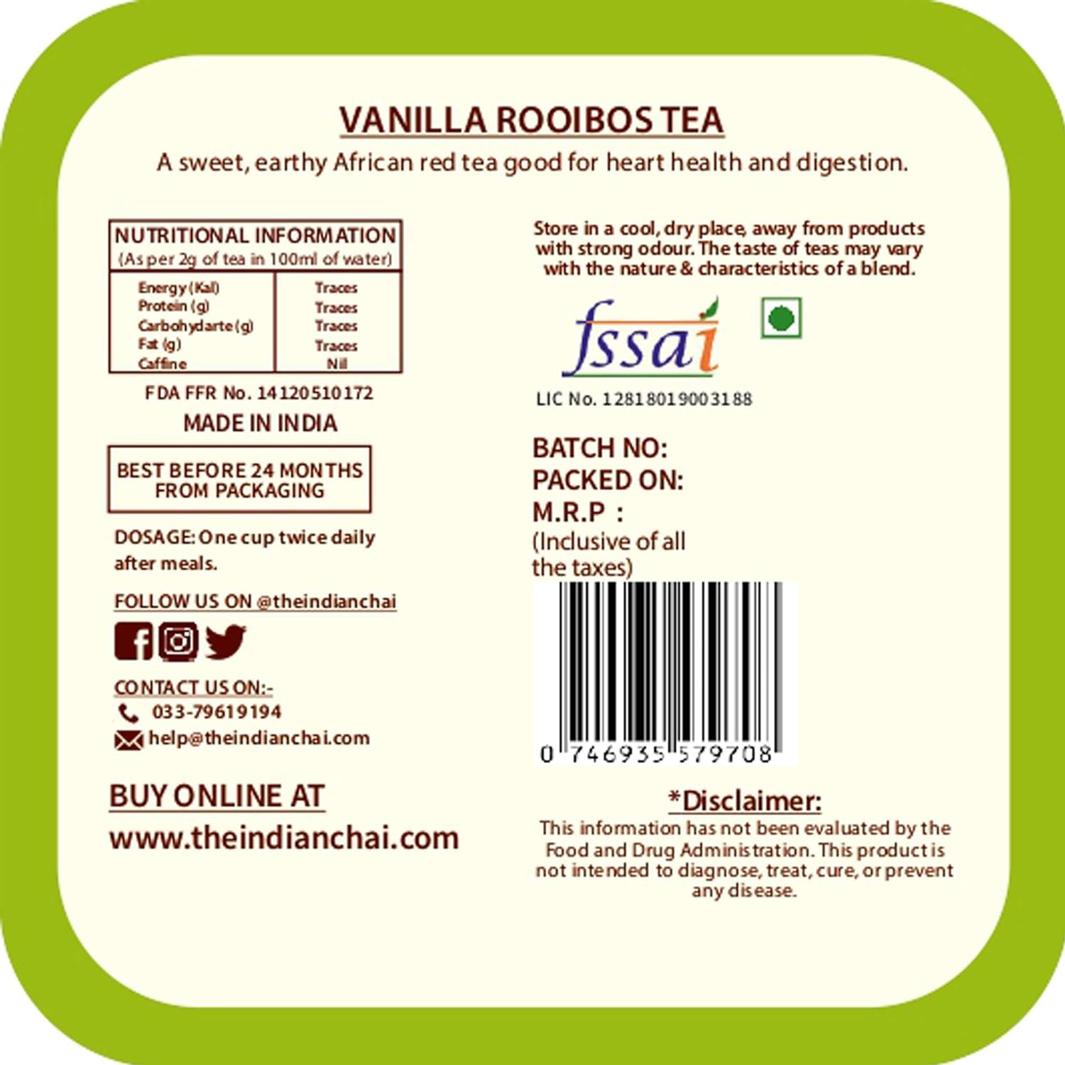 The Indian Chai - Vanilla Rooibos Tea 50g with Vanilla Beans for Sleep, Stress, Immunity and Weight Loss (FROM INDIA) SAB - View 6 of 6