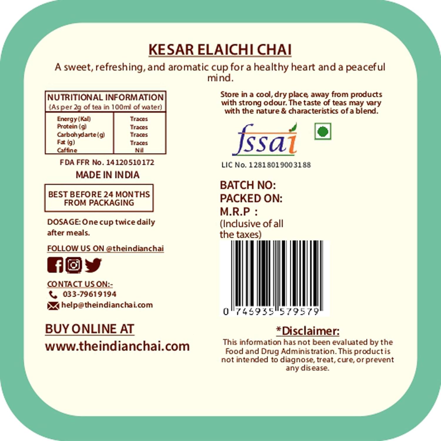 The Indian Chai – Kesar Elaichi Chai 100g with Saffron and Cardamom for Depression, Maintains Heart Health and Relieves PMS, Assam Tea (FROM INDIA) SAB - View 3 of 7