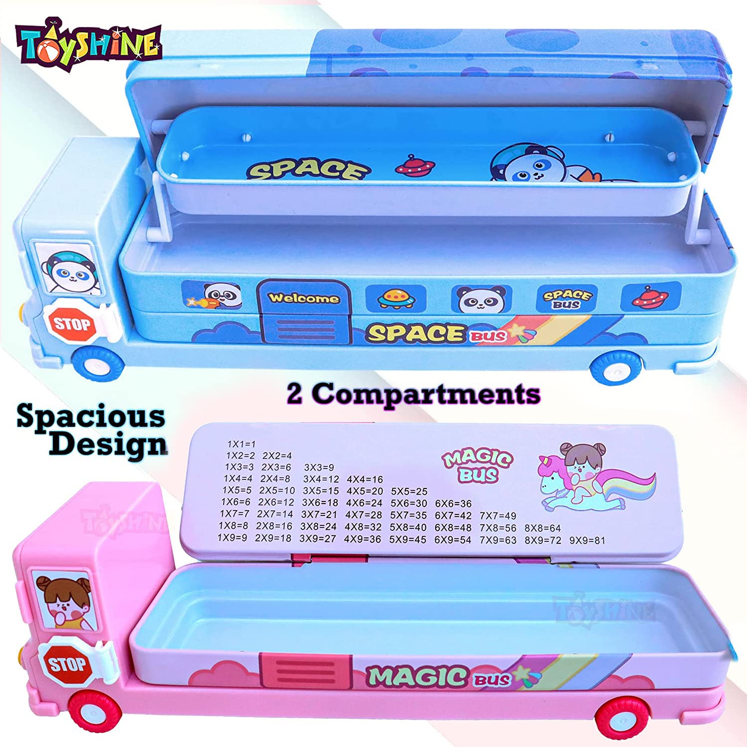 Toyshine Set of 2 Cartoon Printed School Bus Matal Pencil Box with Moving Tyres and Sharpner for Kids - Blue and Pink - View 2 of 7