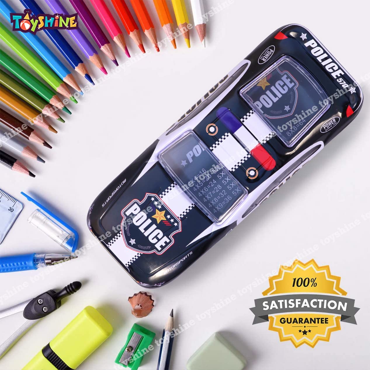 Toyshine Police Metal Pencil Box, Detailed Exterior, Double Comparment for Kids - Black - View 3 of 6