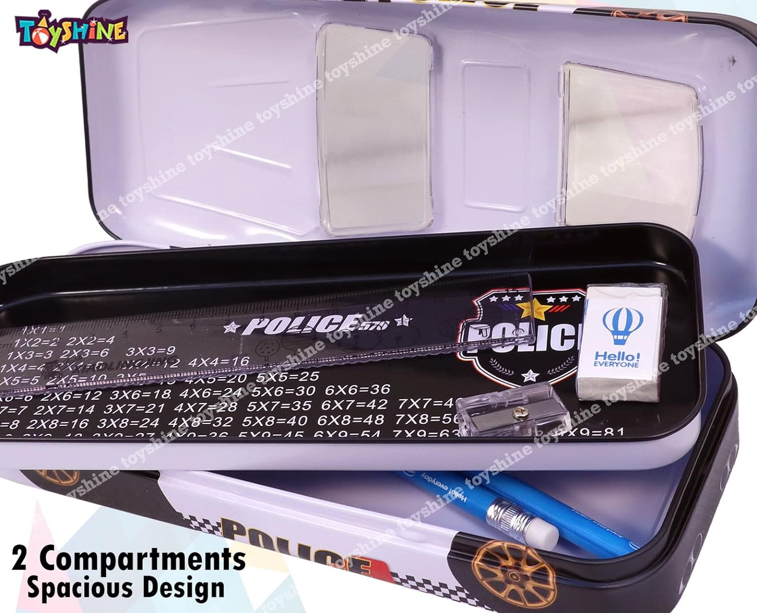 Toyshine Police Metal Pencil Box, Detailed Exterior, Double Comparment for Kids - Black - View 2 of 6