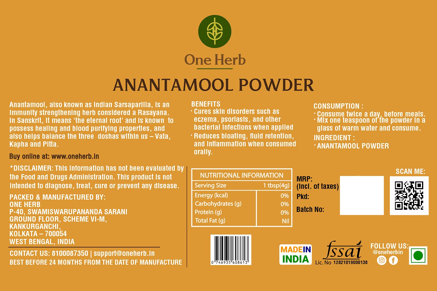 One Herb - Anantmool Powder 250g (Indian Sarsaparilla) for Full Body Cleanse, Skin Care and Detoxification. (FROM INDIA) SAB - View 4 of 5