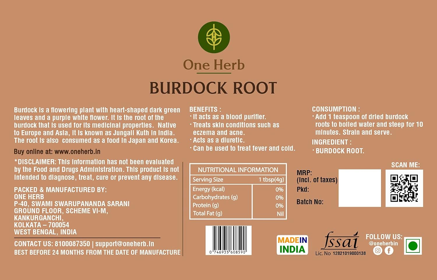 One Herb – Burdock Root Tea 100g | Powerhouse of Antioxidants | Good for Skin | High in Fibre | Herbal Tea (FROM INDIA) SAB - View 2 of 5
