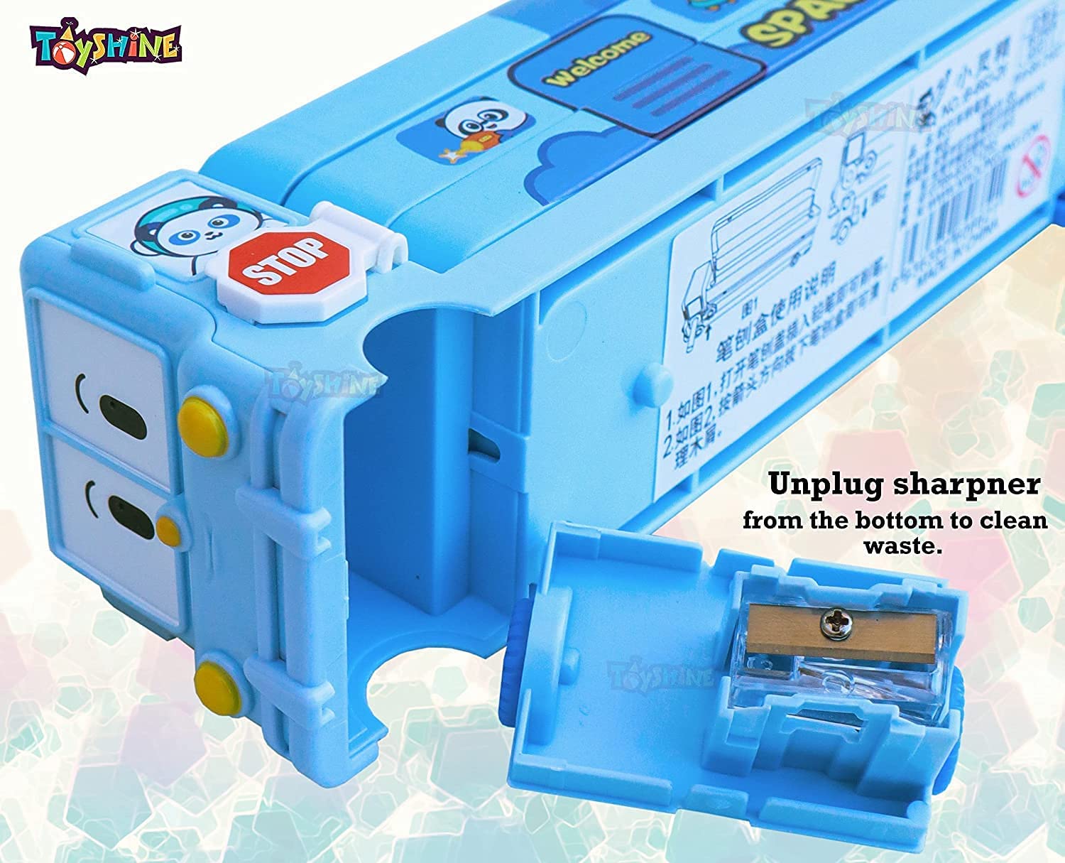 Toyshine Set of 2 Cartoon Printed School Bus Matal Pencil Box with Moving Tyres and Sharpner for Kids - Blue and Pink - View 5 of 7