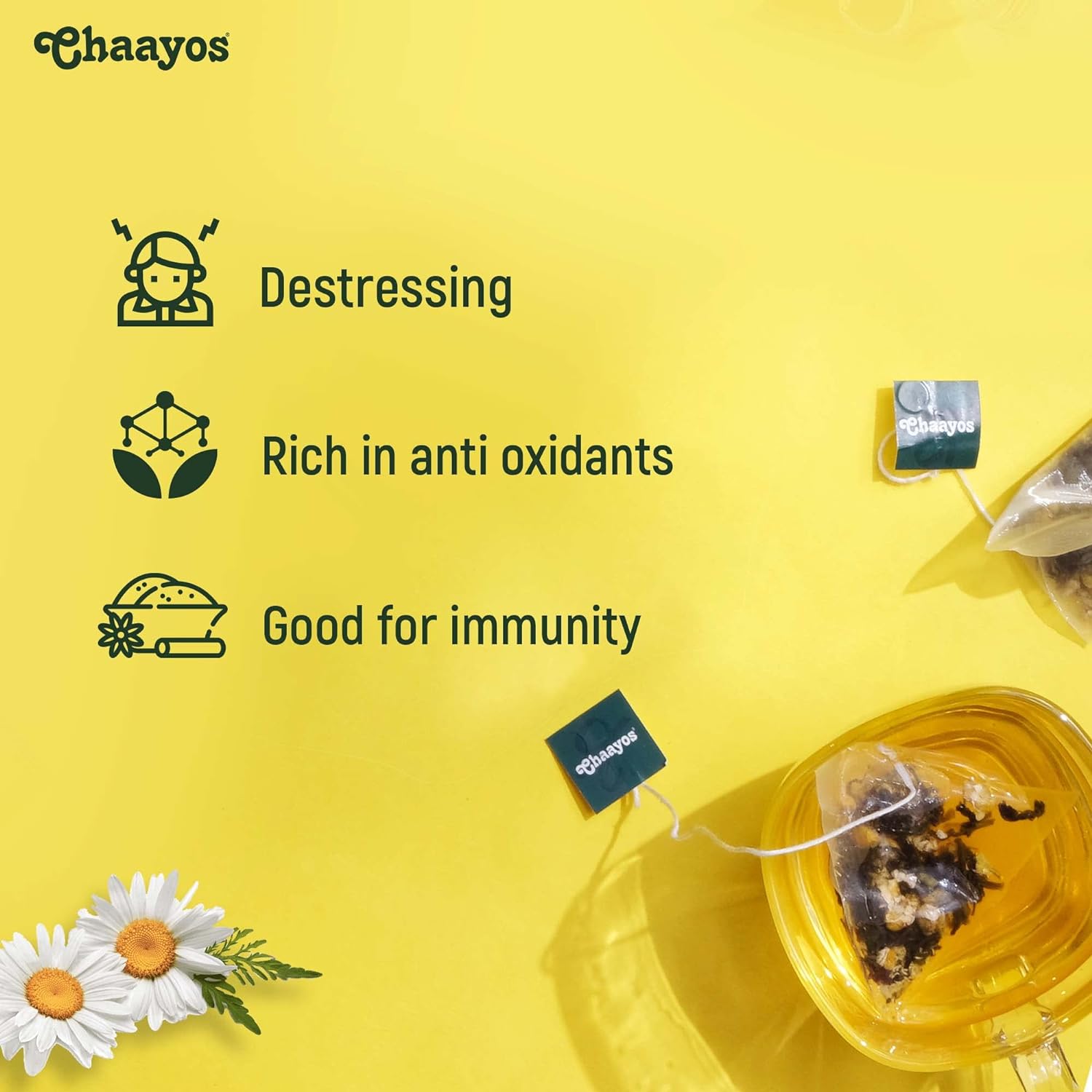 Chaayos Chamomile Tea - 25 Chamomile Green Tea Bags | Chamomile and Green tea leaves | Contains Pure Chamomile Flowers | Rich in antioxidants | Whole Leaf Tea (FROM INDIA) SAM - View 2 of 4