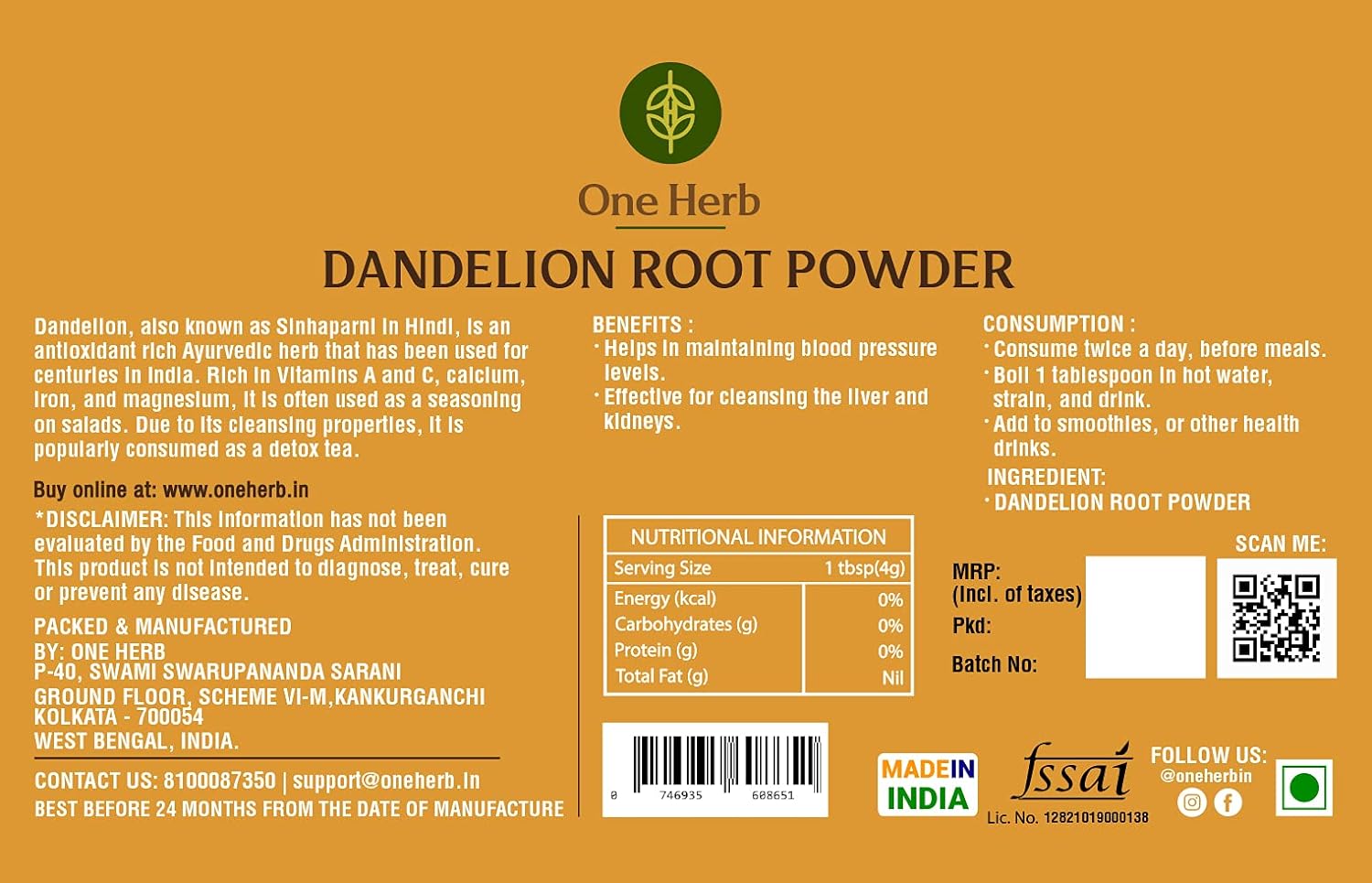 One Herb - Dandelion Root Tea Powder 100g, Rich in Nutrients, Supports Liver and Digestive Health, Helps Boost Immunity (FROM INDIA) SAB - View 2 of 5