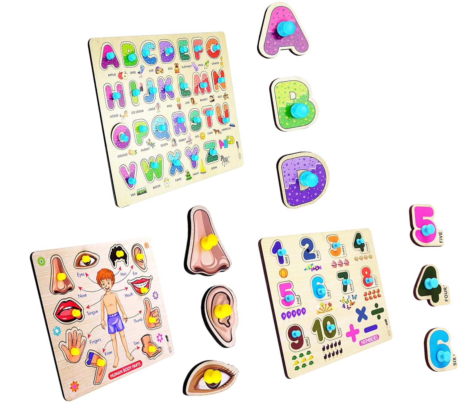 APPSTER Colorful Wooden Puzzle Toy for Kids Jigsaw Puzzles for Adults Baby Learning Educational Toys Board Game (ABCD + Body Parts + Number) - Related product