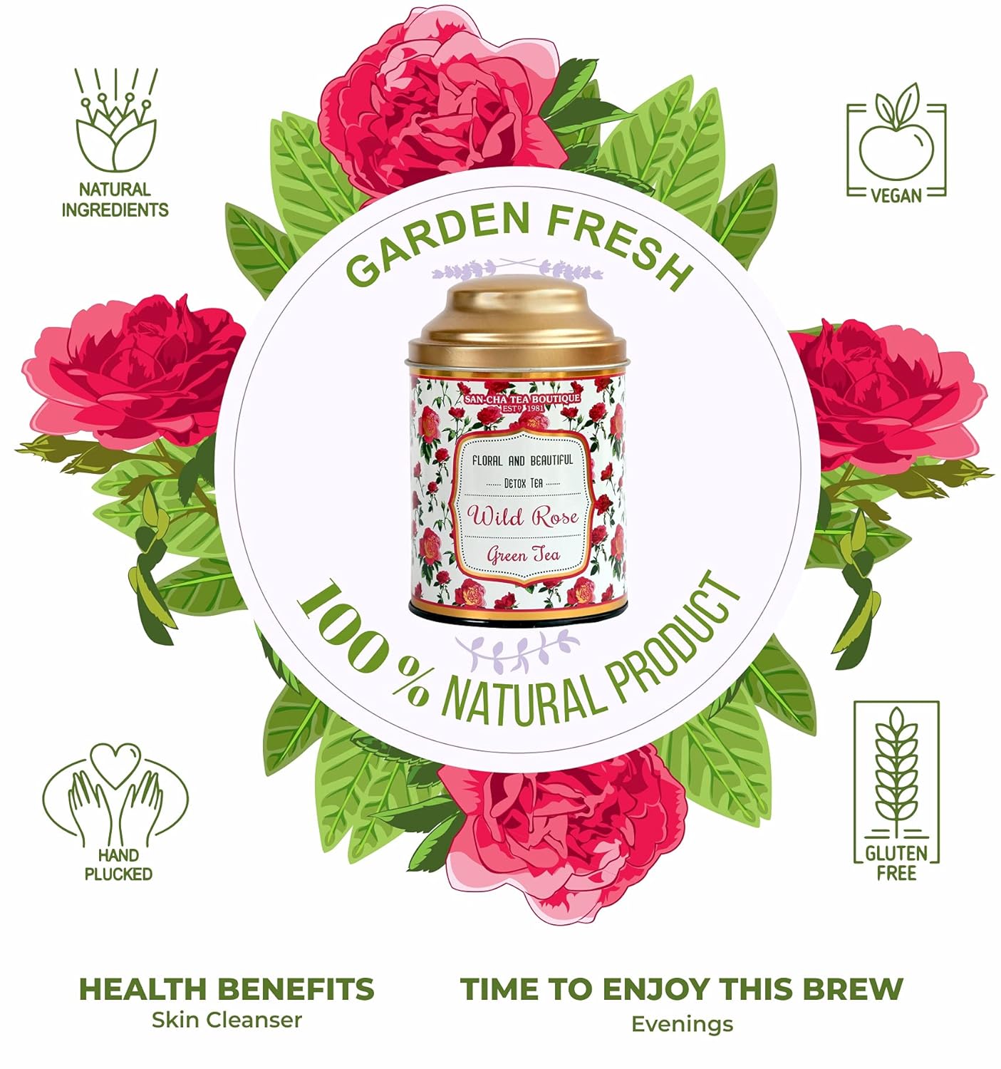 Sancha Tea Boutique Wild Rose Green Tea, Rose Tea (100+Cups), Real Rose Petals Blend, 100% Rainforest Alliance Certified, Green Tea Immunity (FROM INDIA) SAB - View 4 of 6