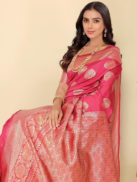 leeza store Women's Jacquard Banarasi Kanjivaram || Kanchipuram Silk Blend Golden Zari Butta Woven Saree With Blouse Piece - View 2 of 4