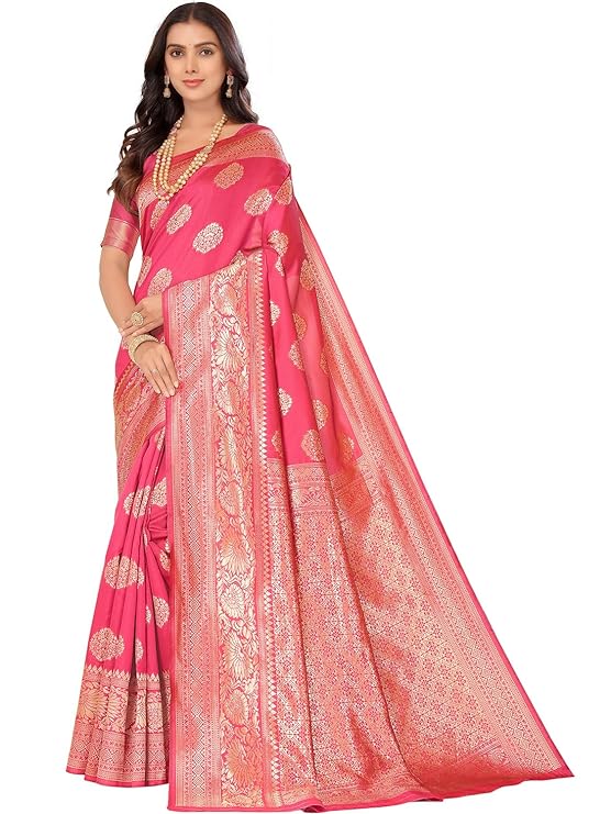 leeza store Women's Jacquard Banarasi Kanjivaram || Kanchipuram Silk Blend Golden Zari Butta Woven Saree With Blouse Piece - Related product