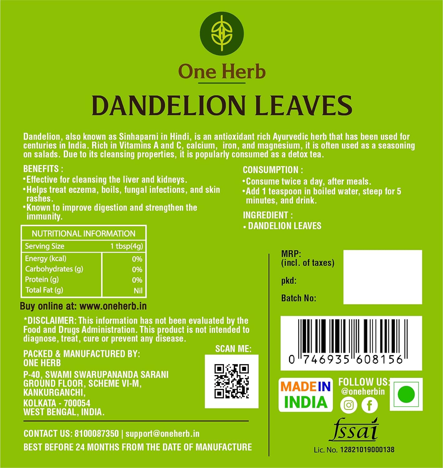 One Herb - Dandelion Leaves Tea 40g for Liver Detoxification, Healthy Digestion, Bloating and Detox (FROM INDIA) SAB - View 3 of 4