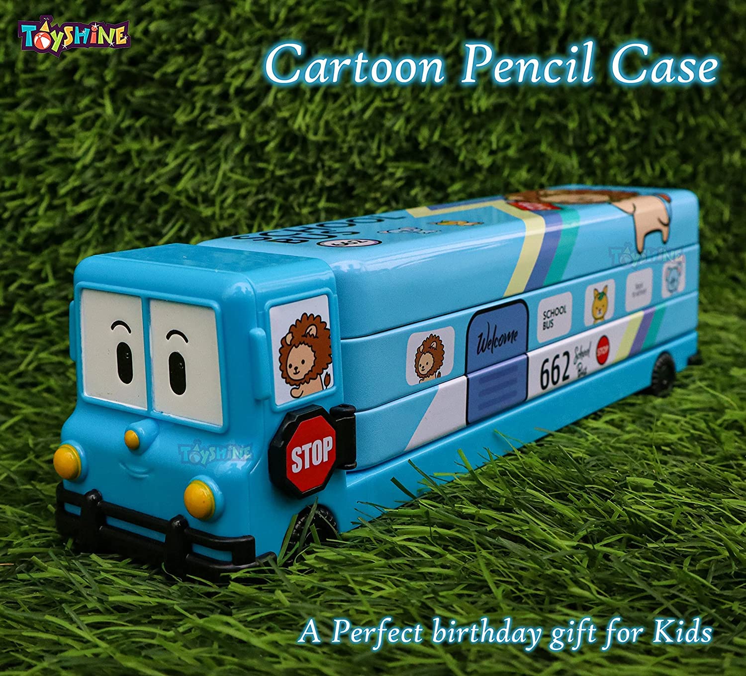 Toyshine Set of 2 Cartoon Printed School Bus Matal Pencil Box with Moving Tyres and Sharpner for Kids - Blue and Pink - View 4 of 7