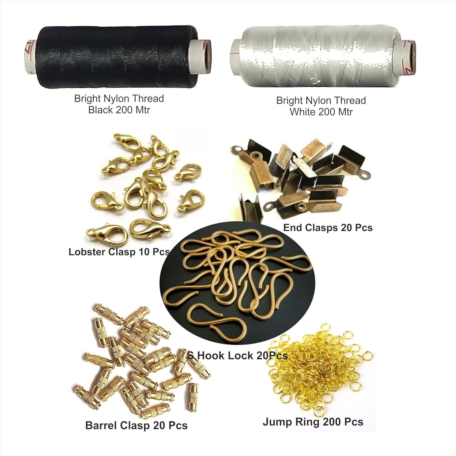 High tensile Strength Bright Thread for Beading, Tassels Art Crafting Making Jewelry (2 Ply White Black with Fitting Kit) - View 2 of 3