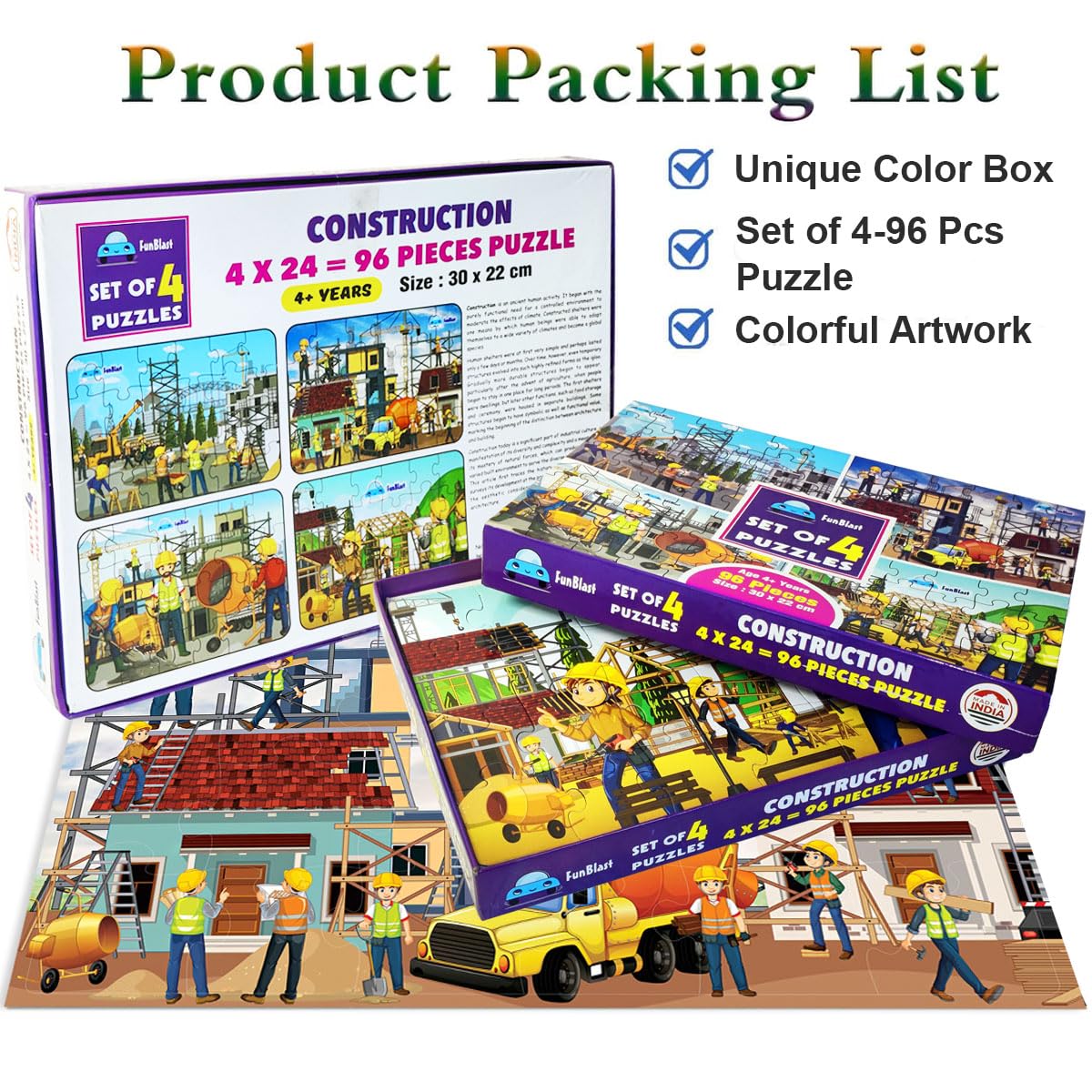FunBlast Jigsaw Puzzles for Kids, Building Construction Jigsaw Puzzles for Kids, Learning &amp; Educational Jigsaw Puzzle Toys, Floor Puzzle for Children, Set of 4-96 Pcs Puzzle (Multicolour) - View 3 of 4