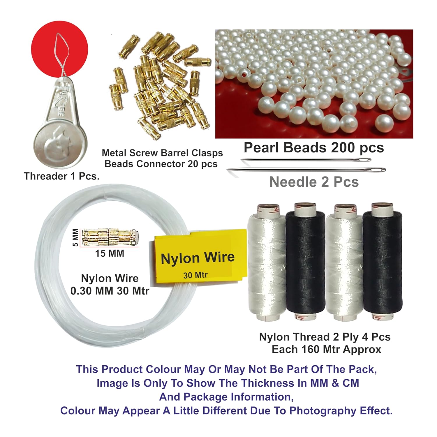 High tensile Strength Bright Thread for Beading, Tassels Art Crafting Making Jewelry (2 Ply 2 Pcs White 2 Pcs Black 200Mx4 800Mtr Thread with Some Accessories (Combo Pack)) - View 2 of 4